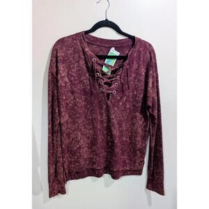 Mudd Y2K Lace-Up Long Sleeve Pullover Top Womens M Acid Wash Burgundy Maroon